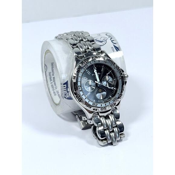 Fossil Blue BQ-8777 Mens Analog Dive Watch Black Face Silver 50M Date Moon Phase - Picture 2 of 14